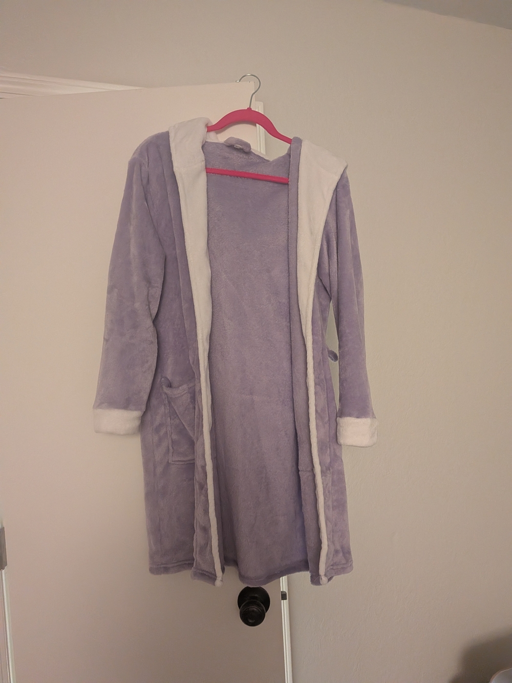 Women's Lavender Hooded Plush Robe with White Trim And Matching Belt